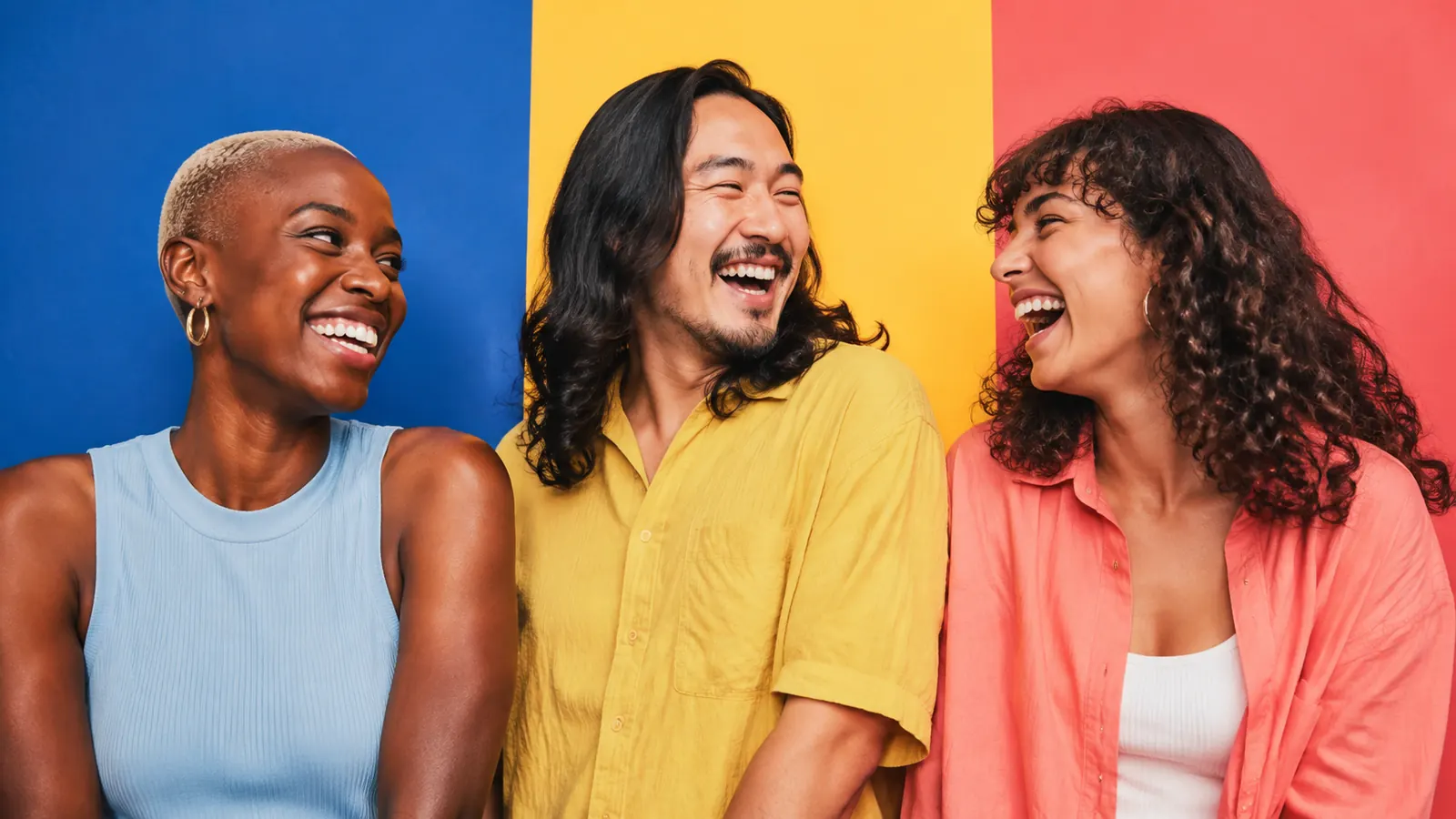Three friends sharing a laugh against bold blue, yellow, and coral backgrounds