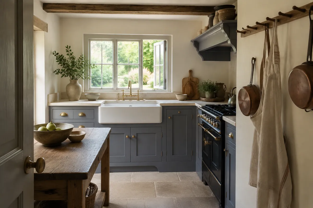 Dusty blue-gray cottage kitchen with a farmhouse sink, oak prep table, copper pans, and timber beams