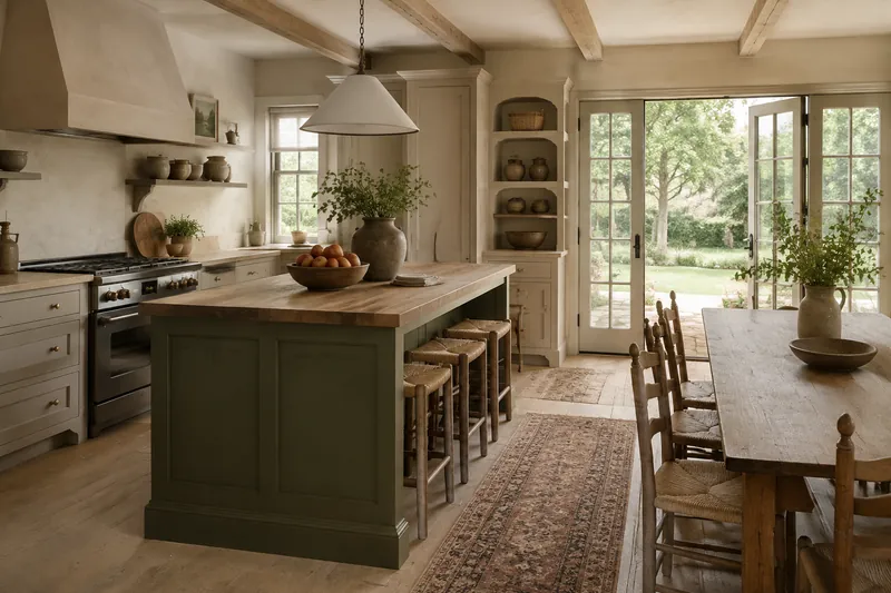 Olive island and oak dining table created for the fictional Field and Hearth concept