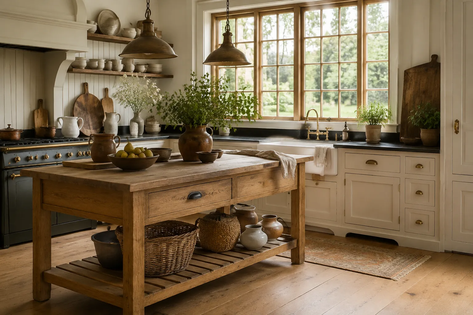 Cream country kitchen with an oak worktable island, soapstone counters, brass details, and garden windows