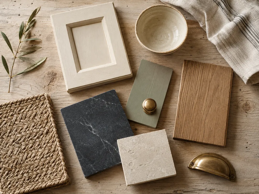 Country kitchen material palette with painted wood, oak, soapstone, limestone, aged brass, striped linen, and woven rush