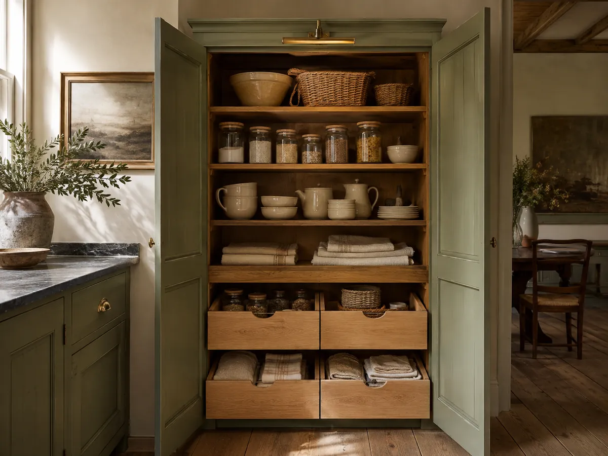 Open sage-green country larder with oak drawers, baskets, jars, linens, and cream stoneware