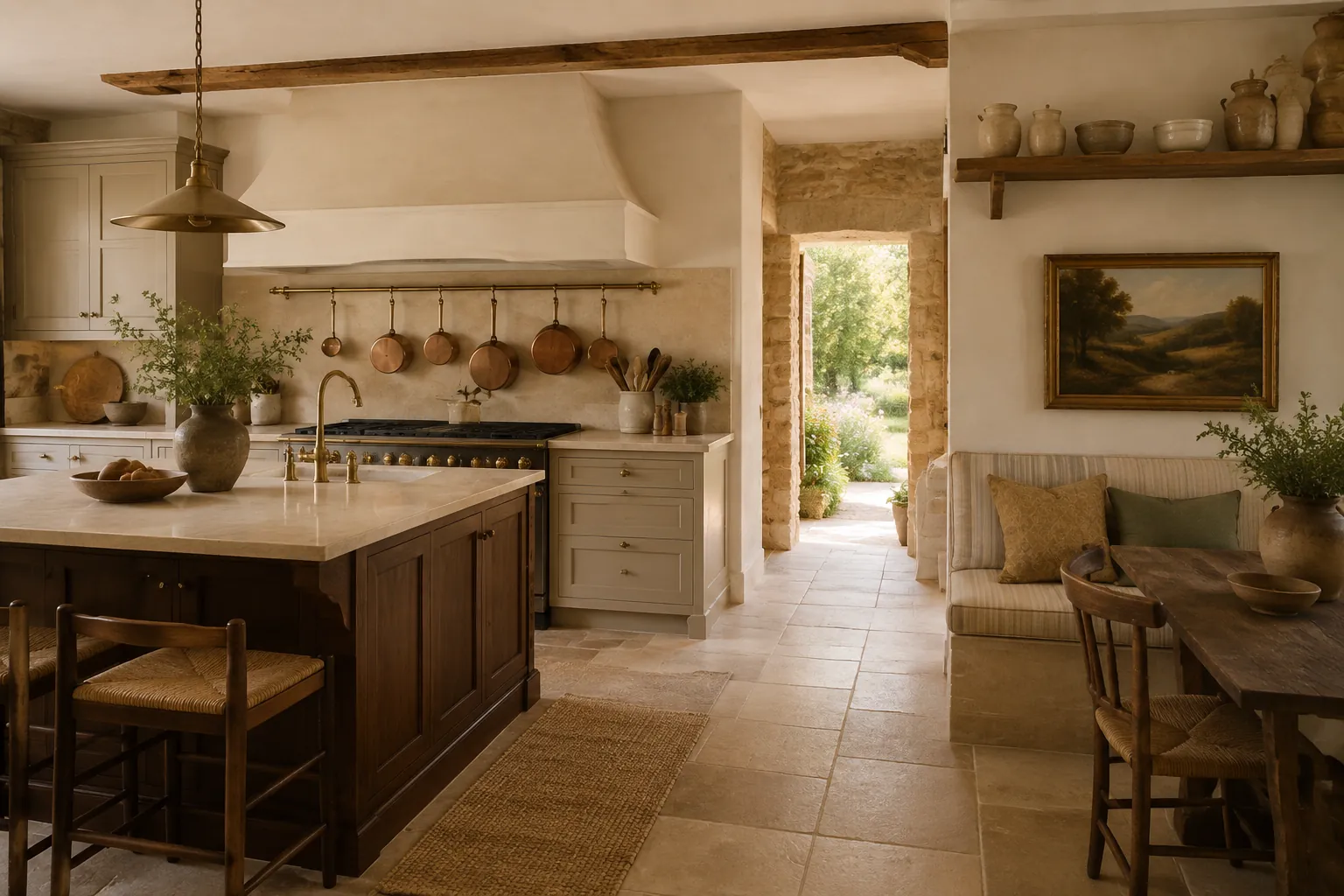 Putty-painted country kitchen with a walnut island, plaster hood, brass pot rail, and stone doorway