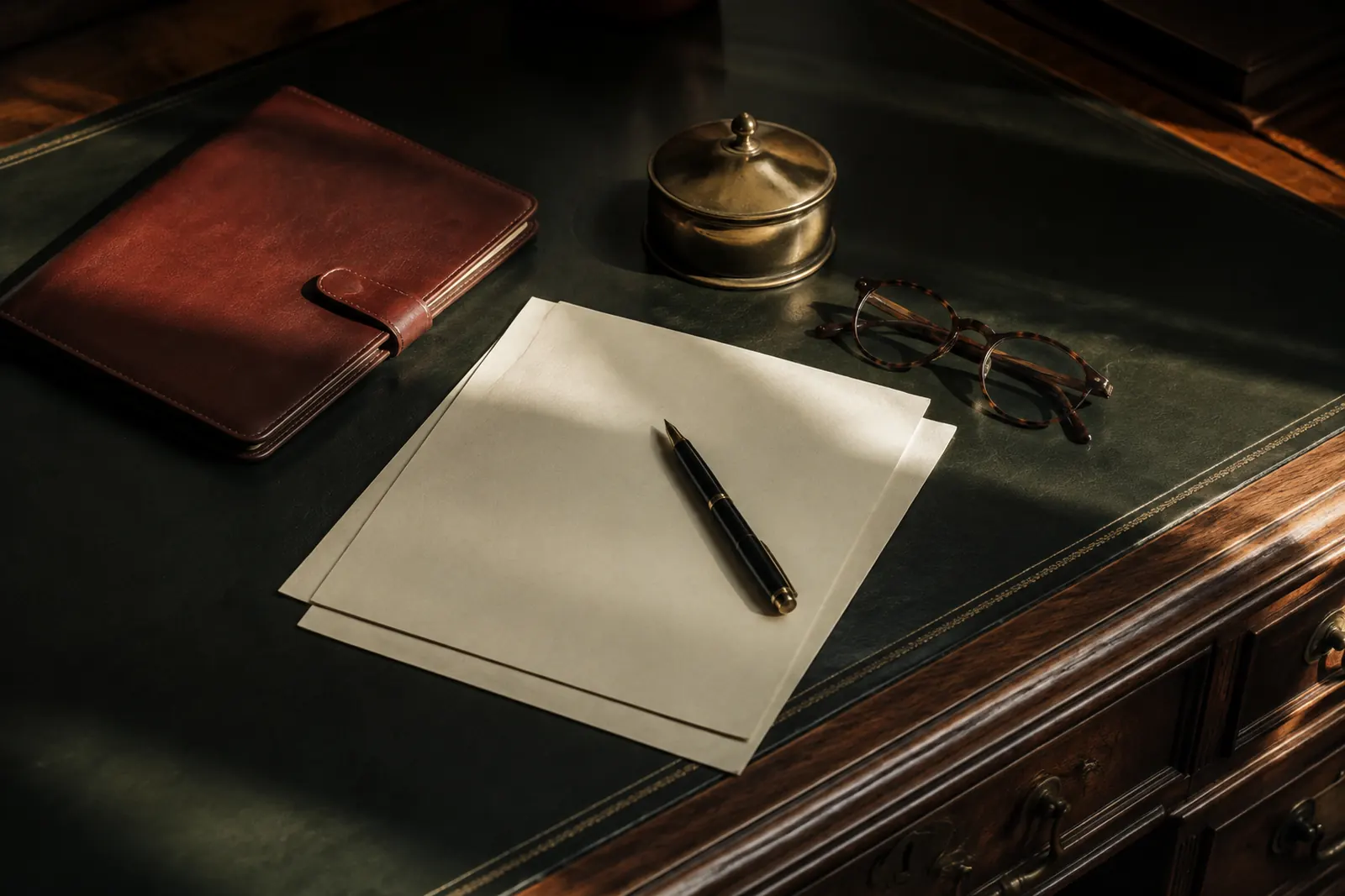 A green leather legal desk with blank correspondence, fountain pen, folio, and brass paperweight