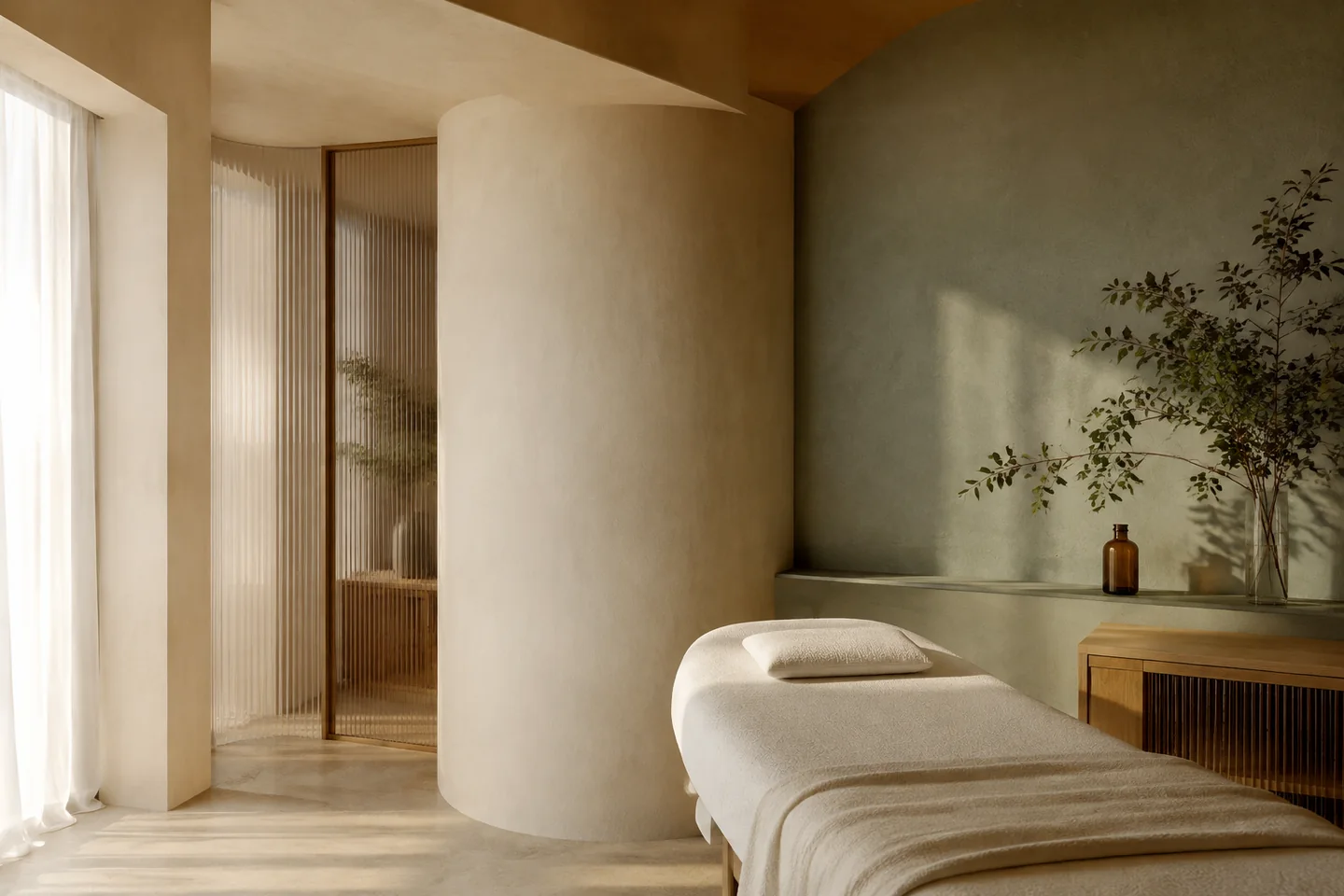 Conceptual Velaire treatment room in soft mineral and sage tones