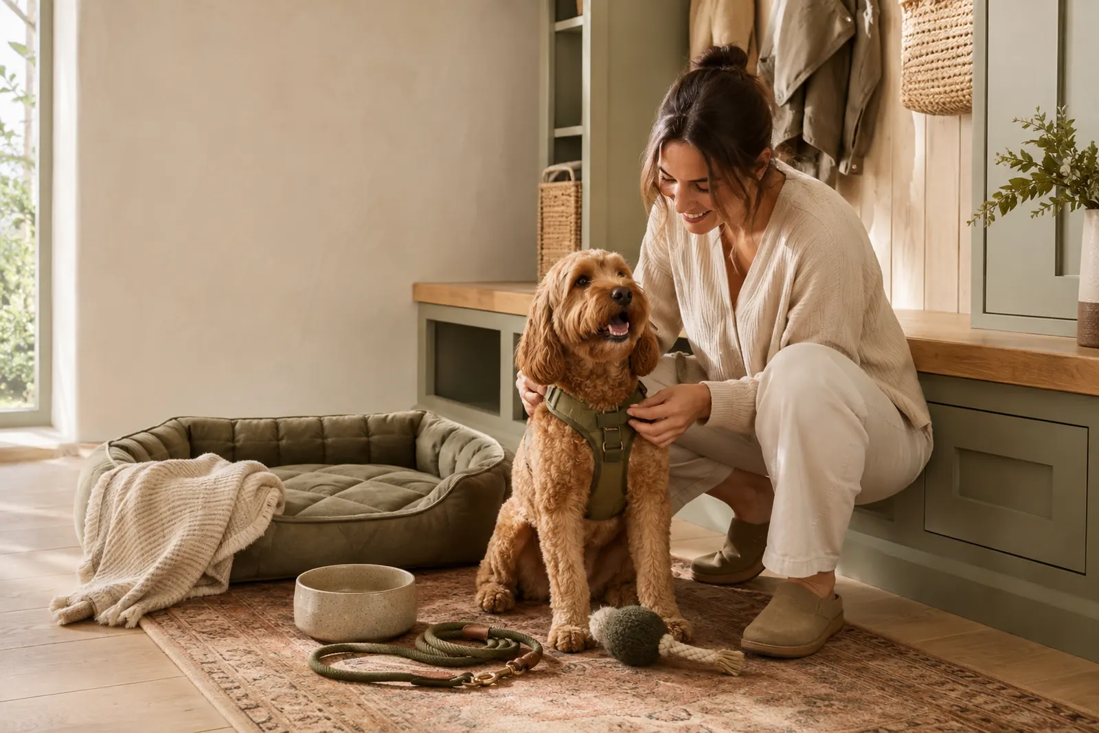 Woman helping a happy dog into an earthy green harness beside coordinated pet products in a warm mudroom