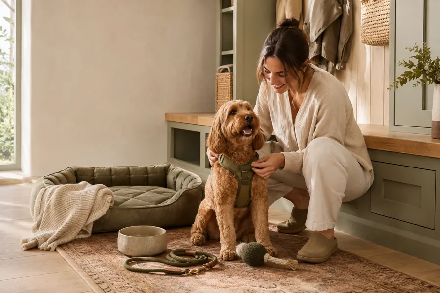 Warm family mudroom scene created for the fictional Sunday Mudroom ecommerce concept