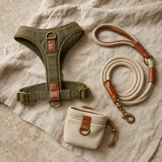 Moss canvas harness, cotton rope lead, and oat treat pouch